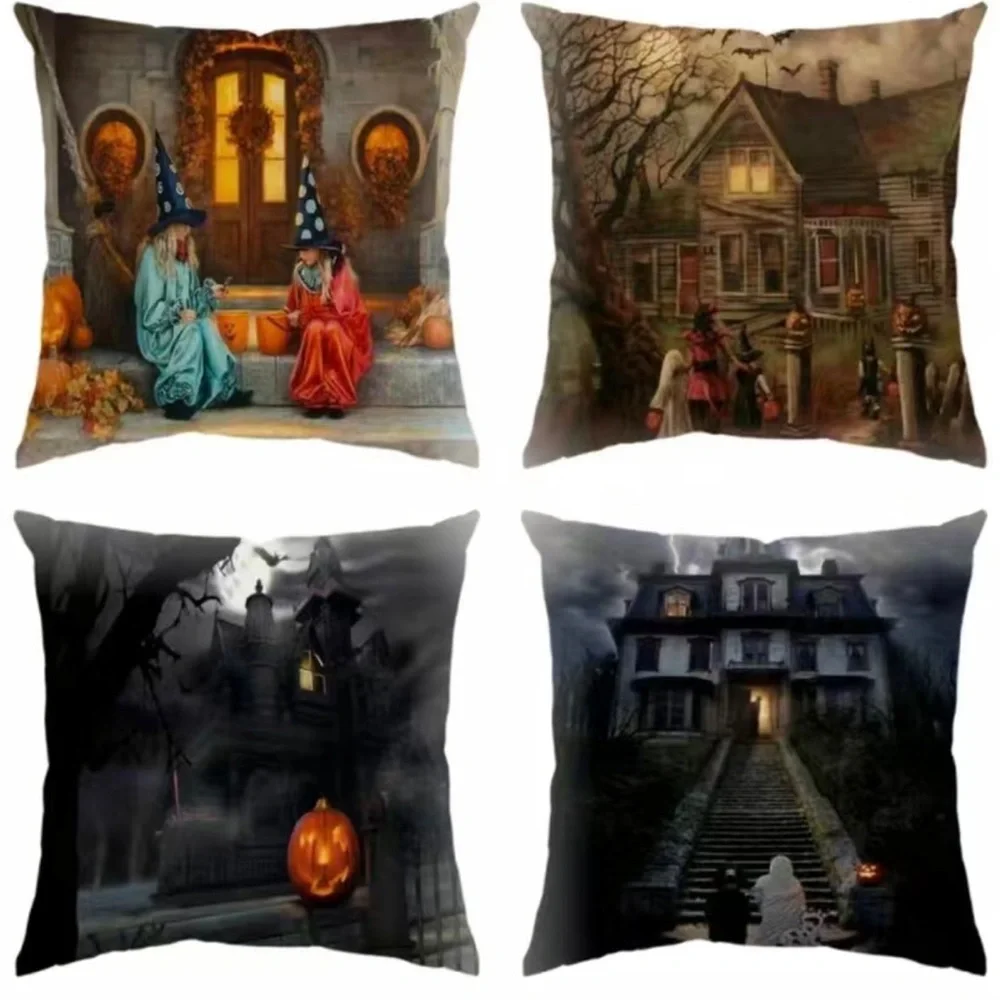 4pcs Encrypted‎ Linen Blend, Halloween Decorative Ghost House Printed Cushion